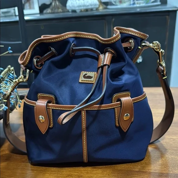 Dooney & Bourke Italian Nylon Navy and Brown Hobo Drawstring Bag - Picture 1 of 15